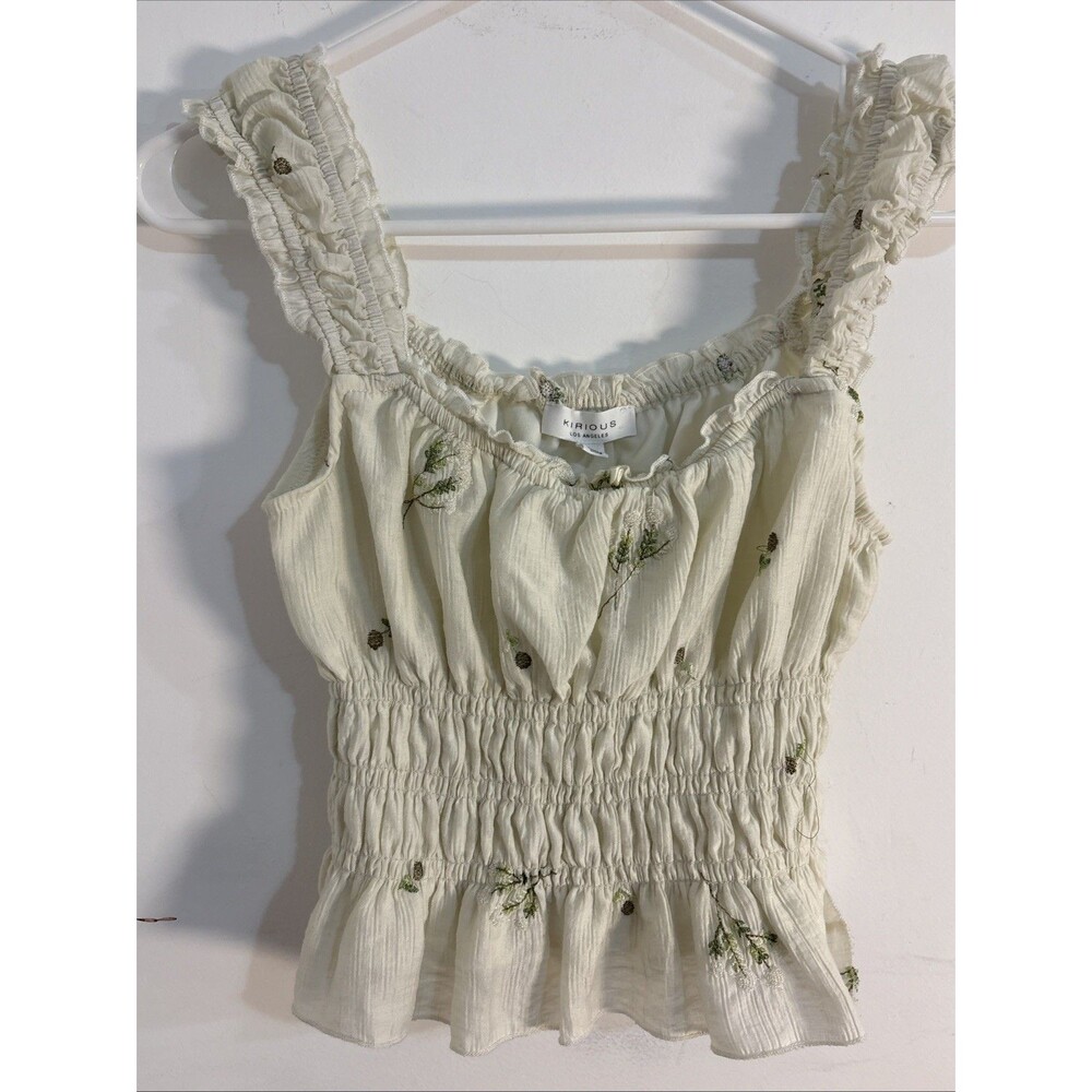 Kirious Los Angeles Smocked Crop Top Size S Cream Floral Embroidered Peplum